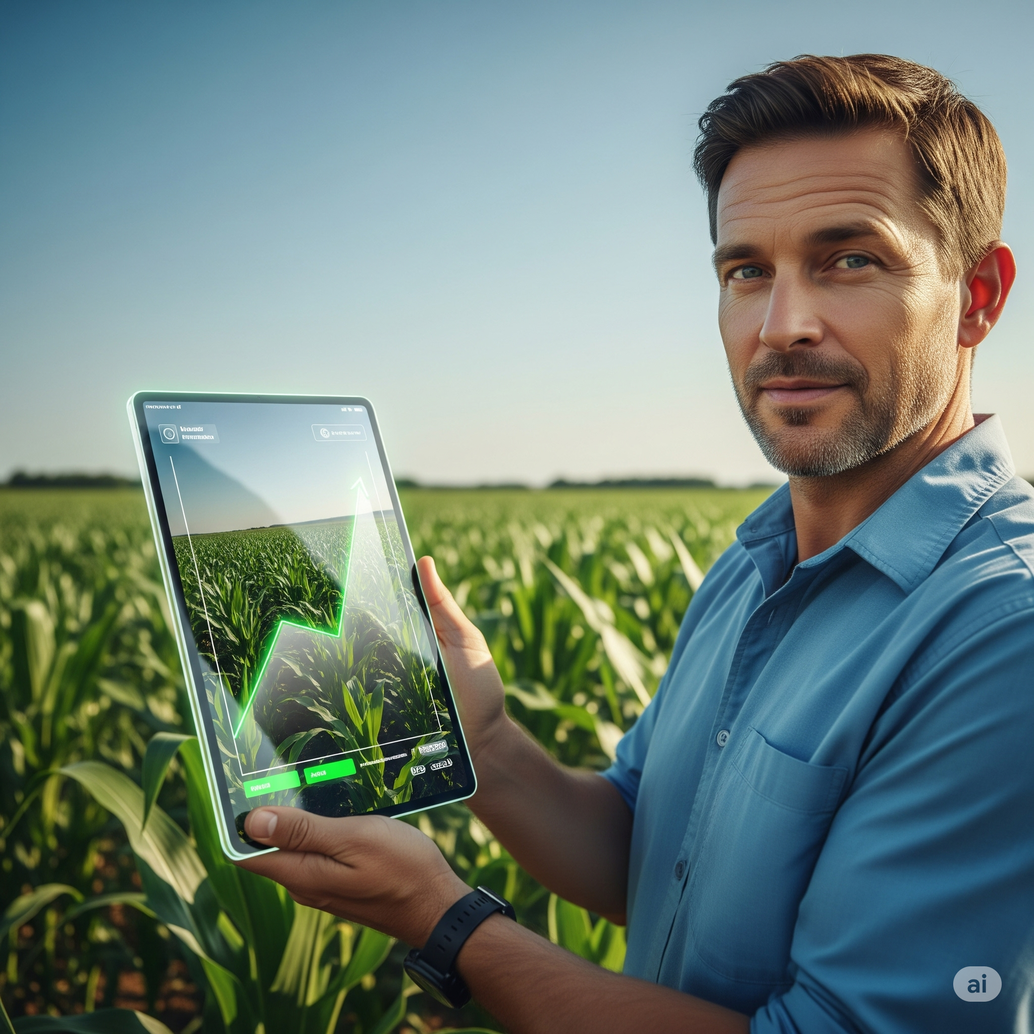A farmer holds a transparent tablet displaying a simple, glowing green line graph, symbolizing clarity and empowerment amidst a thriving cornfield.