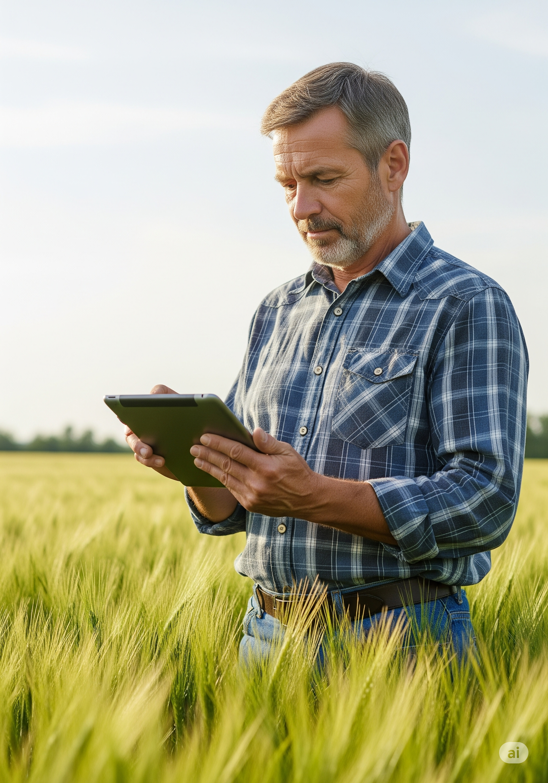 Farmer analyzing data on a tablet in the field