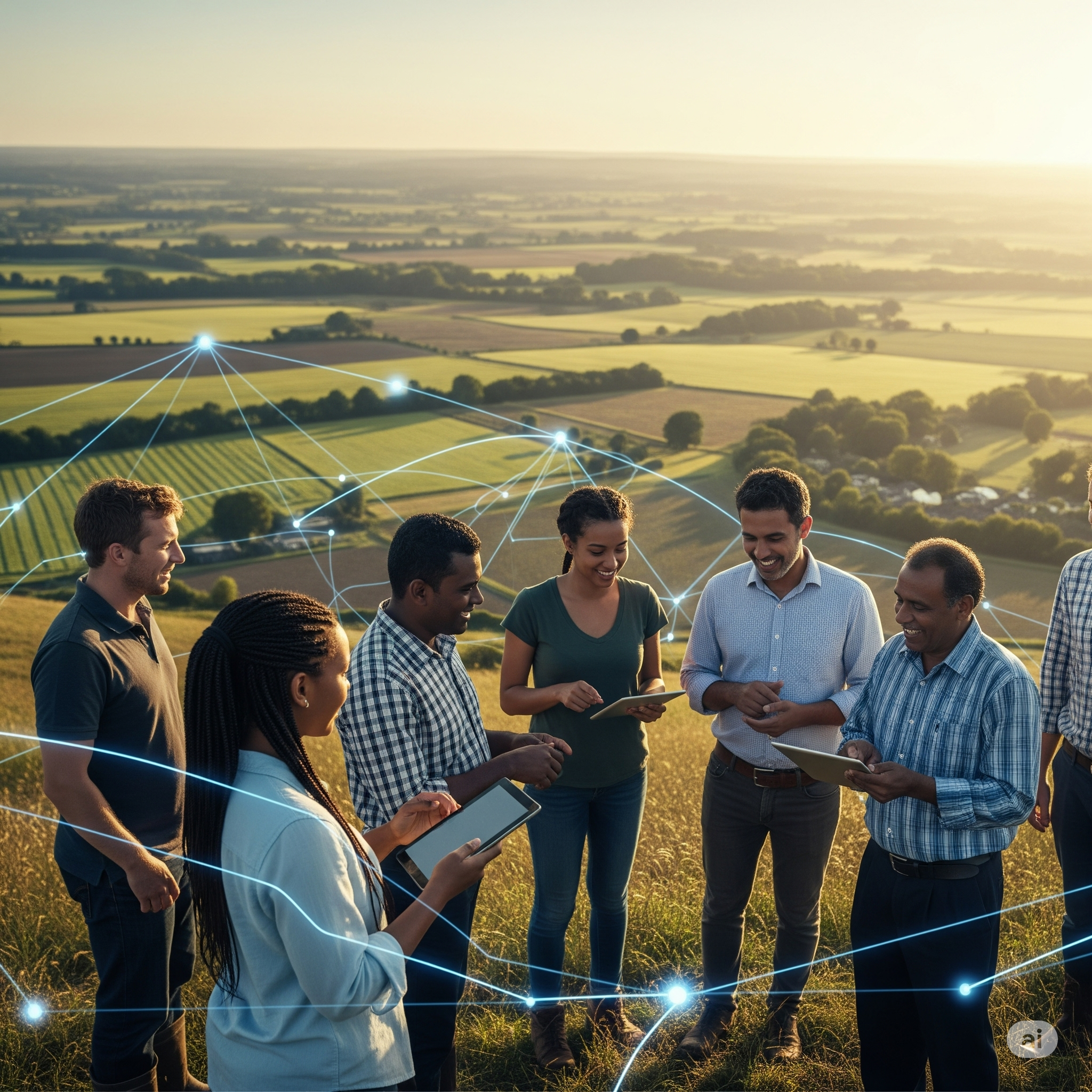 A diverse group of farmers collaborating at sunrise, overlooking a vast landscape with a subtle holographic network, representing a connected and hopeful future for agriculture.